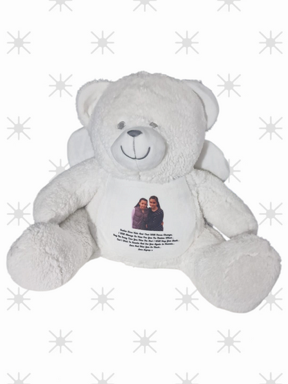 Memorial Keepsake Angel Bear With Wings - Personalised- Photo - Text -Large