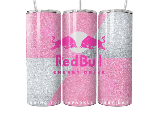Pink Glitter Energy Drink Style Tumbler Cup – 20oz Skinny Stainless Steel with Straw
