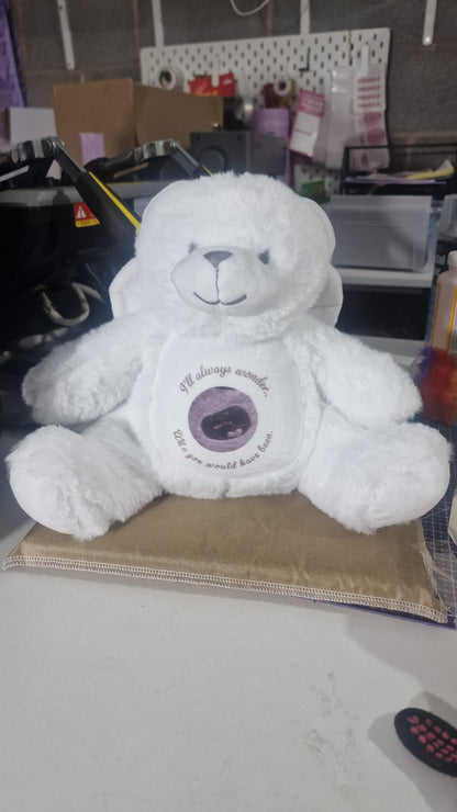 Memorial Keepsake Angel Bear With Wings- Personalised - Photo - Text - Small